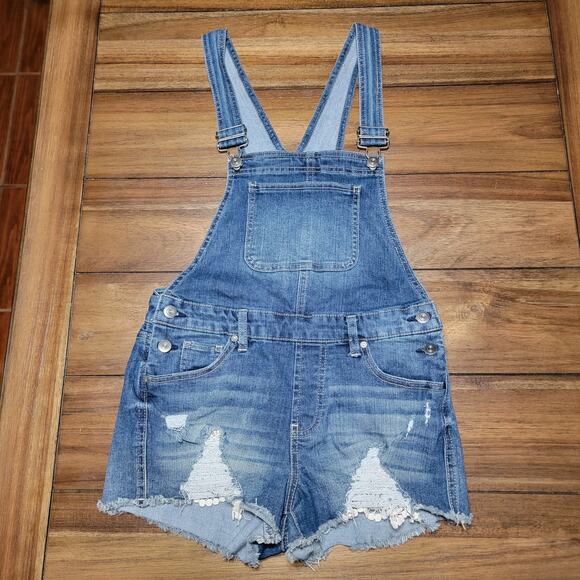 No Boundaries Other - No Boundaries Girls Dark Wash Shortalls - Size Junior Medium (7-9)